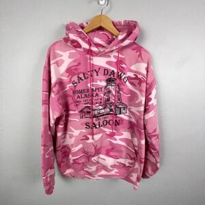 Salty Dawg Saloon Homer Spit Alaska Hoodie Women L Pink Camo‎ Sweater Brewery AK